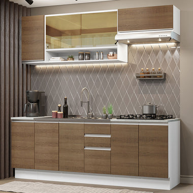 Combo completo de Cocina 240 cm 9 Puertas 3 Cajones Sin Mesada Blanco/Marrón Glamy Madesa