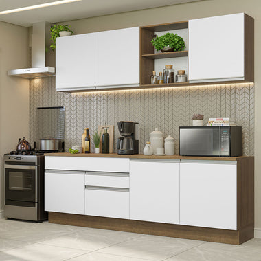 Combo completo de Cocina 240 cm 6 Puertas 2 Cajones Marrón/Blanco Glamy Madesa