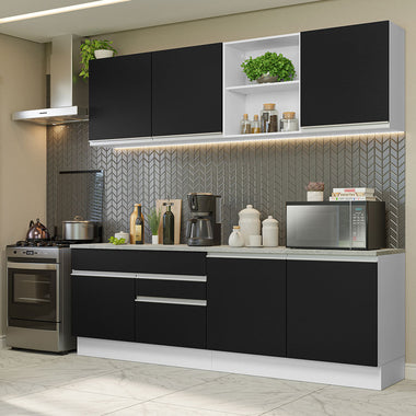 Combo completo de Cocina 240 cm 6 Puertas 2 Cajones Blanco/Negro Glamy Madesa