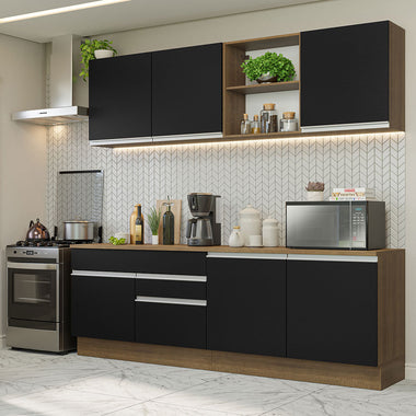 Combo completo de Cocina 240 cm 6 Puertas 2 Cajones Marrón/Negro Glamy Madesa