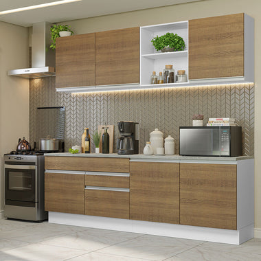 Combo completo de Cocina 240 cm 6 Puertas 2 Cajones Blanco/Marrón Glamy Madesa