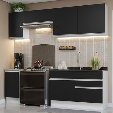 Combo completo de Cocina 240 cm 6 Puertas 2 Cajones Sin Mesada Blanco/Negro Glamy Madesa