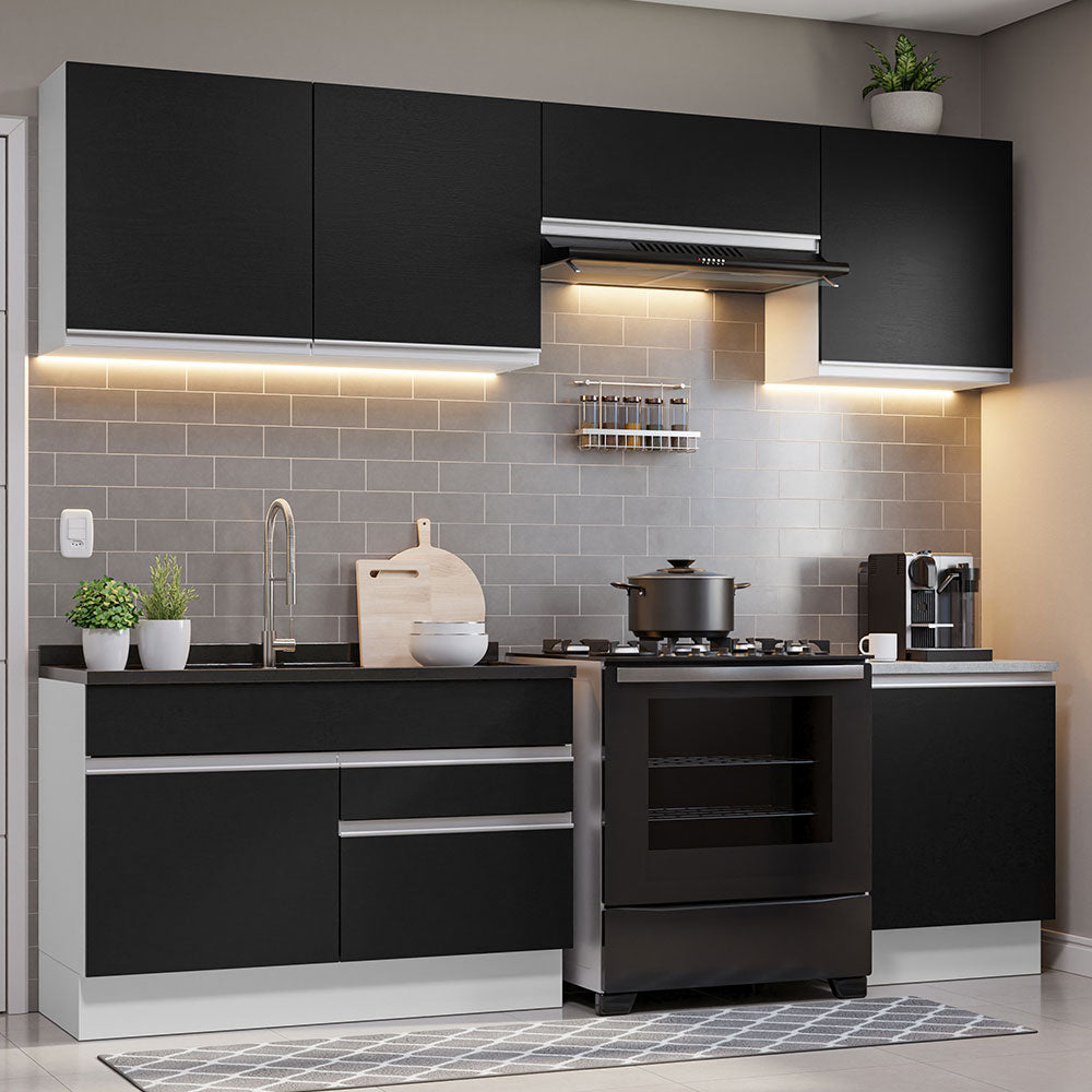 Combo completo de Cocina 260 cm 6 Puertas 2 Cajones Sin Mesada Blanco/Negro Glamy Madesa