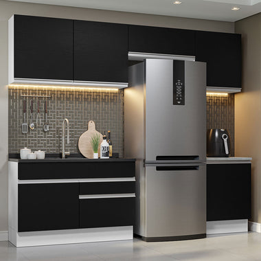 Combo completo de Cocina 260 cm 6 Puertas 2 Cajones Sin Mesada Blanco/Negro Glamy Madesa