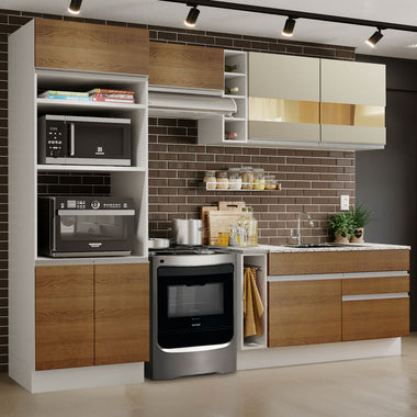 Combo completo de Cocina 270 cm 7 Puertas 2 Cajones Sin Mesada Blanco/Marrón/Crema Glamy Madesa