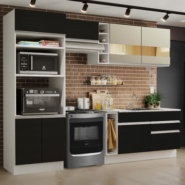 Combo completo de Cocina 270 cm 7 Puertas 2 Cajones Sin Mesada Blanco/Negro/Crema Glamy Madesa