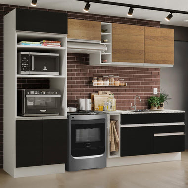 Combo completo de Cocina 270 cm 7 Puertas 2 Cajones Sin Mesada Blanco/Negro/Marrón Glamy Madesa