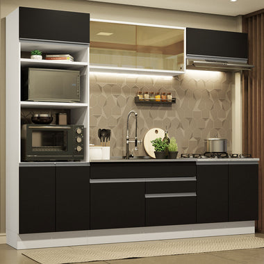 Combo completo de Cocina 270 cm 9 Puertas 2 Cajones Sin Mesada Blanco/Negro Glamy Madesa