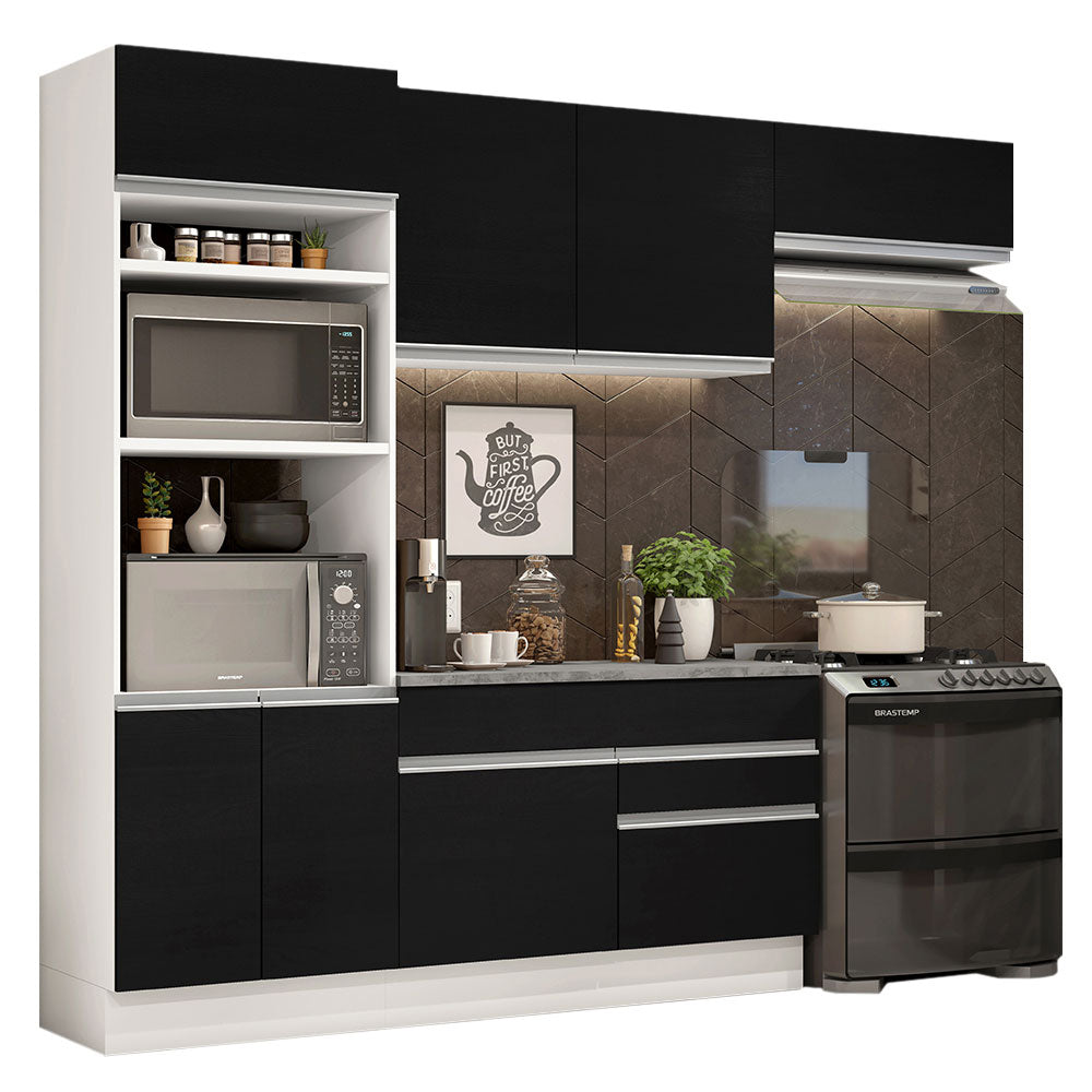 Combo completo de Cocina 270 cm 7 Puertas 2 Cajones Blanco/Negro Glamy Madesa