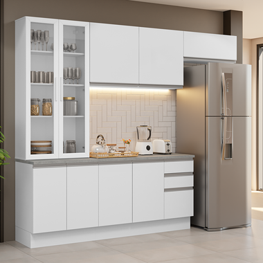 Kit Cocina Compacta 270 cm 9 Puertas 3 Cajones y Cristalero Blanco Glamy Madesa