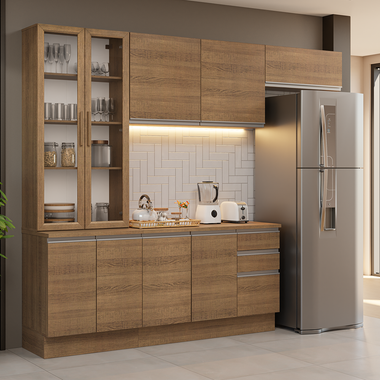 Combo completo de Cocina 270 cm 9 Puertas 3 Cajones Marrón Glamy Madesa