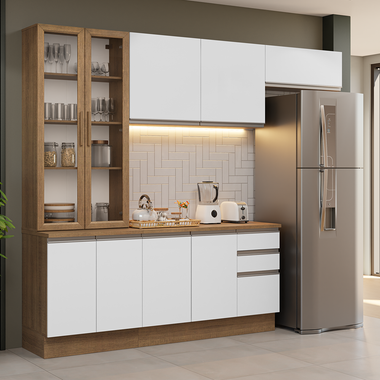Combo completo de Cocina 270 cm 9 Puertas 3 Cajones Marrón/Blanco Glamy Madesa