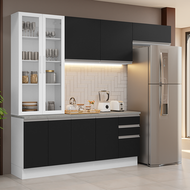 Kit Cocina Compacta 270 cm 9 Puertas 3 Cajones y Cristalero Blanco/Negro Glamy Madesa
