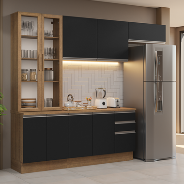 Combo completo de Cocina 270 cm 9 Puertas 3 Cajones Marrón/Negro Glamy Madesa