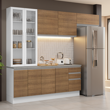 Kit Cocina Compacta 270 cm 9 Puertas 3 Cajones y Cristalero Blanco/Marrón Glamy Madesa