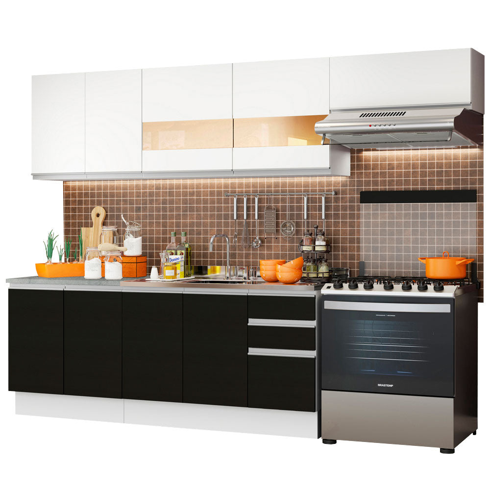 Combo completo de Cocina Madesa Glamy 280cm Blanco/Negro/Blanco