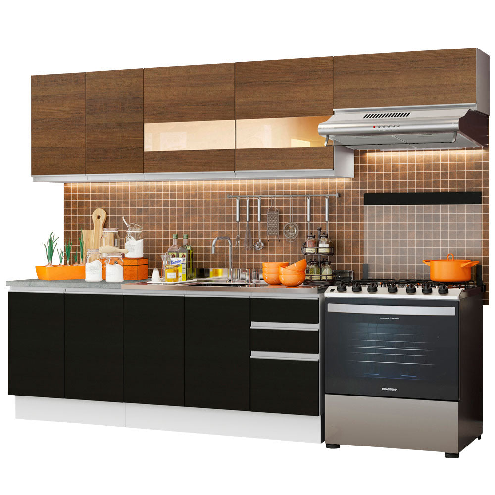 Combo completo de Cocina Madesa Glamy 280cm Blanco/Negro/Marrón