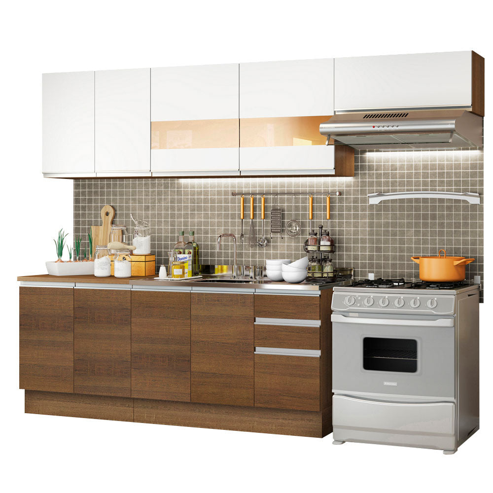 Combo completo de Cocina 280 cm 9 Puertas 3 Cajones Sin Mesada Marrón/Blanco Glamy Madesa 03