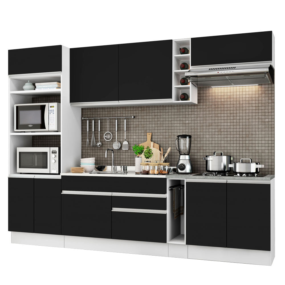 Combo completo de Cocina 290 cm 9 Puertas 2 Cajones Sin Mesada Blanco/Negro Glamy Madesa