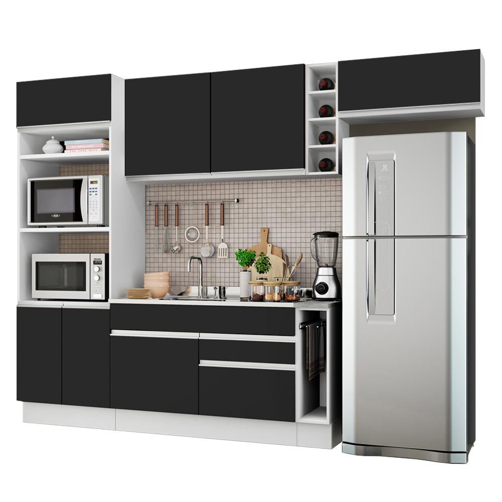 Combo completo de Cocina 290 cm 7 Puertas 2 Cajones Sin Mesada Blanco/Negro Glamy Madesa 04