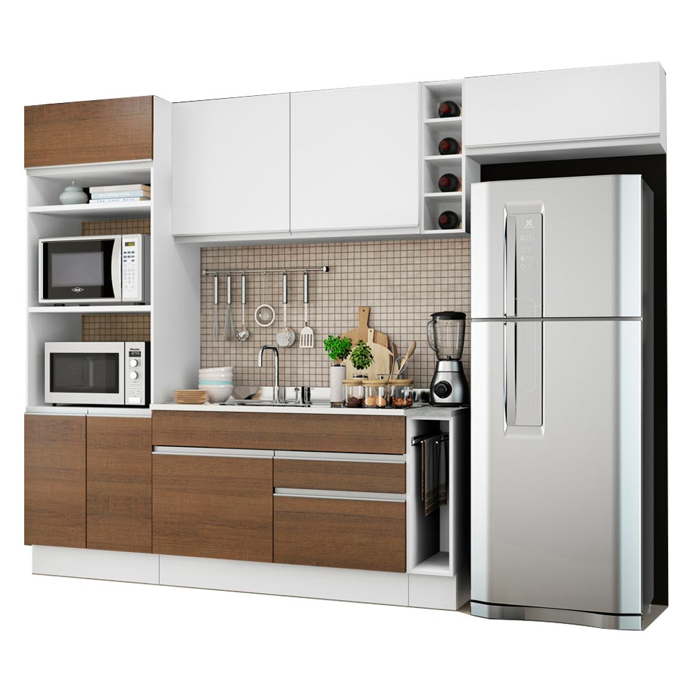 Combo completo de Cocina 290 cm 7 Puertas 2 Cajones Sin Mesada Blanco/Marrón Glamy Madesa