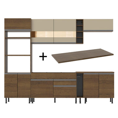 Combo completo de Cocina 290 cm 9 Puertas 2 Cajones Marrón/Crema Glamy Madesa