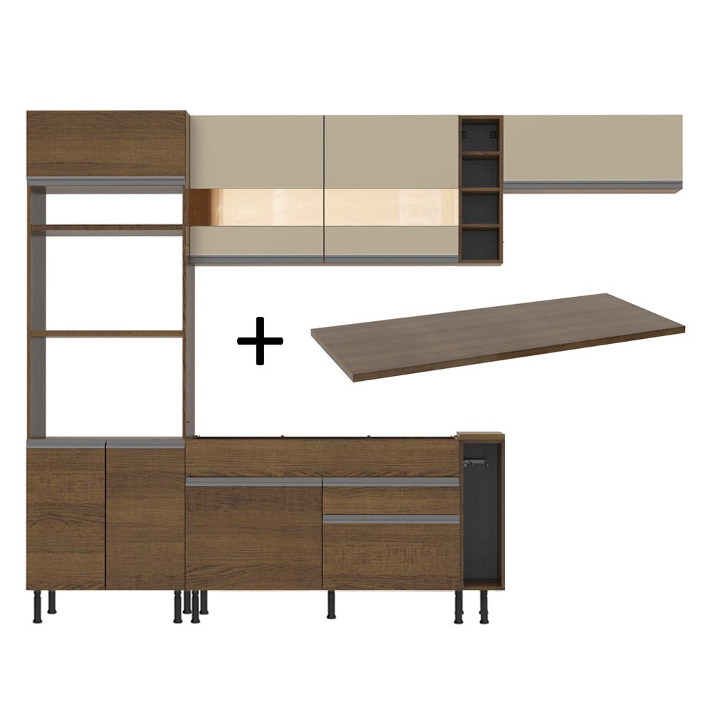 Combo completo de Cocina 290 cm 7 Puertas 2 Cajones Marrón/Crema Glamy Madesa 02