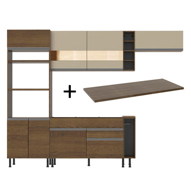 Combo completo de Cocina 290 cm 7 Puertas 2 Cajones Marrón/Crema Glamy Madesa