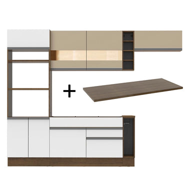 Combo completo de Cocina 290 cm 7 Puertas 2 Cajones Marrón/Blanco/Crema Glamy Madesa