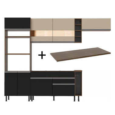 Combo completo de Cocina 290 cm 7 Puertas 2 Cajones Marrón/Negro/Crema Glamy Madesa