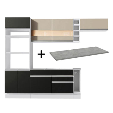 Combo completo de Cocina 290 cm 7 Puertas 2 Cajones Blanco/Negro/Crema Glamy Madesa