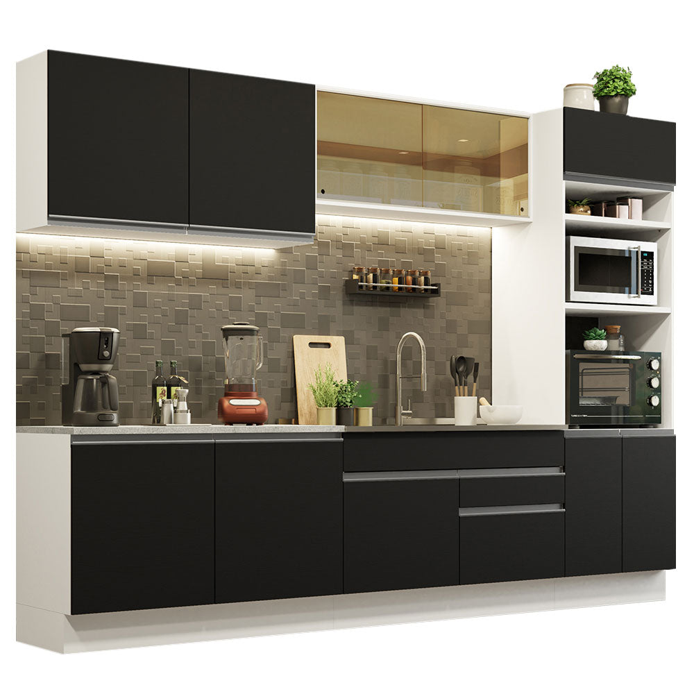Combo completo de Cocina 310 cm 10 Puertas 2 Cajones Sin Mesada Blanco/Negro Glamy Madesa