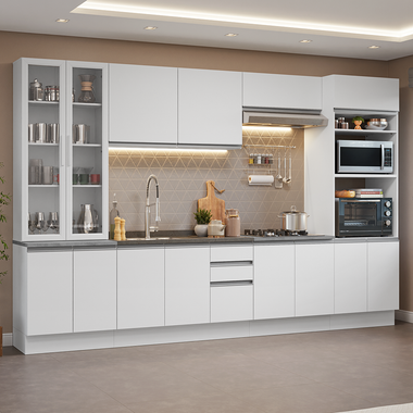 Combo completo de Cocina 340 cm 14 Puertas 3 Cajones con Cristalero Sin Mesada Blanco Glamy Madesa