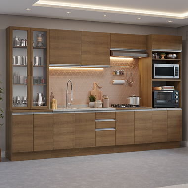 Combo completo de Cocina 340 cm 14 Puertas 3 Cajones con Cristalero Sin Mesada Marrón Glamy Madesa