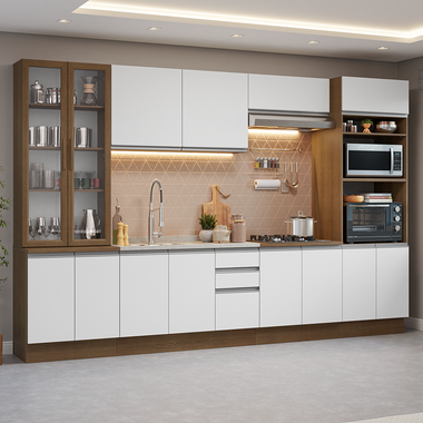 Combo completo de Cocina 340 cm 14 Puertas 3 Cajones con Cristalero Sin Mesada Marrón/Blanco Glamy Madesa