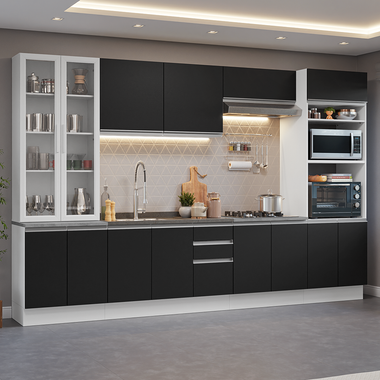 Combo completo de Cocina 340 cm 14 Puertas 3 Cajones con Cristalero Sin Mesada Blanco/Negro Glamy Madesa