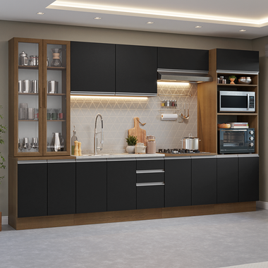 Combo completo de Cocina 340 cm 14 Puertas 3 Cajones con Cristalero Sin Mesada Marrón/Negro Glamy Madesa