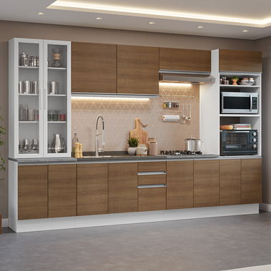 Combo completo de Cocina 340 cm 14 Puertas 3 Cajones con Cristalero Sin Mesada Blanco/Marrón Glamy Madesa