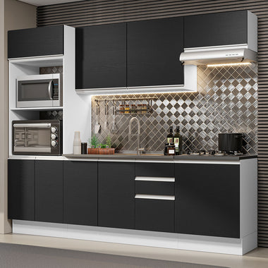 Combo completo de Cocina 250 cm 10 Puertas 3 Cajones Sin Mesada 100% MDF Blanco/Negro Acordes Madesa