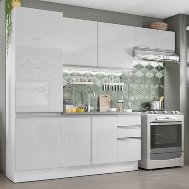 Cocina Compacta 260 cm 8 Puertas 2 Cajones Sin Mesada 100% MDF Blanco Brillante Acordes Madesa