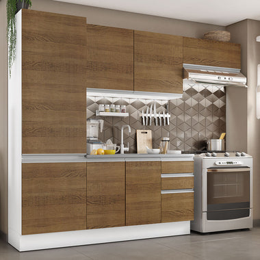Cocina Compacta 260 cm 8 Puertas 2 Cajones Sin Mesada 100% MDF Blanco/Marrón Acordes Madesa