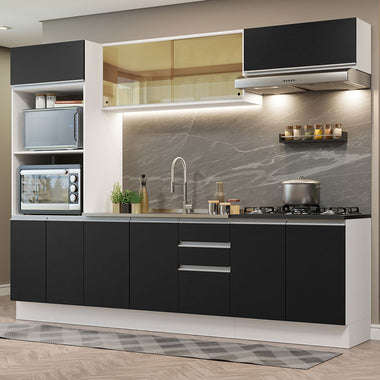 Combo completo de Cocina 270 cm 11 Puertas 3 Cajones Sin Mesada 100% MDF Blanco/Negro Acordes Madesa