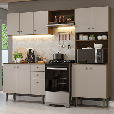 Combo completo de Cocina 235 cm 10 Puertas 2 Cajones Marrón/Crema Gourmet Madesa