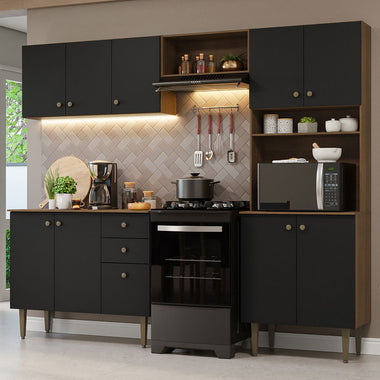 Combo completo de Cocina 235 cm 10 Puertas 2 Cajones Marrón/Negro Gourmet Madesa 01