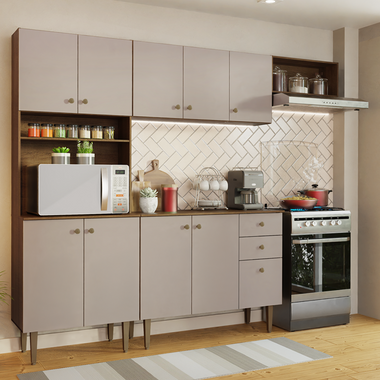 Combo completo de Cocina 235 cm 10 Puertas 2 Cajones Marrón/Crema Gourmet Madesa