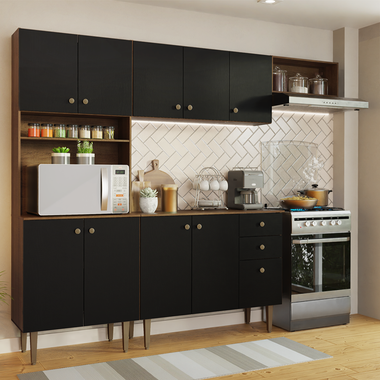Combo completo de Cocina 235 cm 10 Puertas 2 Cajones Marrón/Negro Gourmet Madesa
