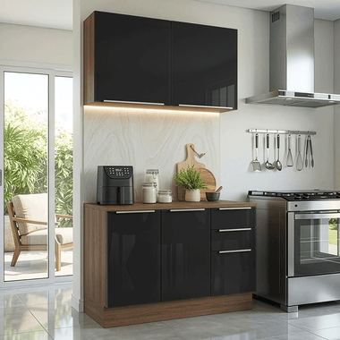 Cocina Compacta 120 cm 4 Puertas 3 Cajones Marrón/Negro Lux Madesa
