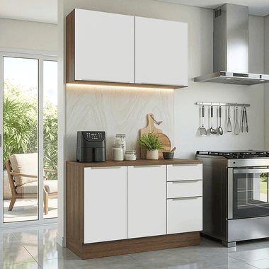Cocina Compacta 120 cm 4 Puertas 3 Cajones Marrón/Blanco Lux Madesa