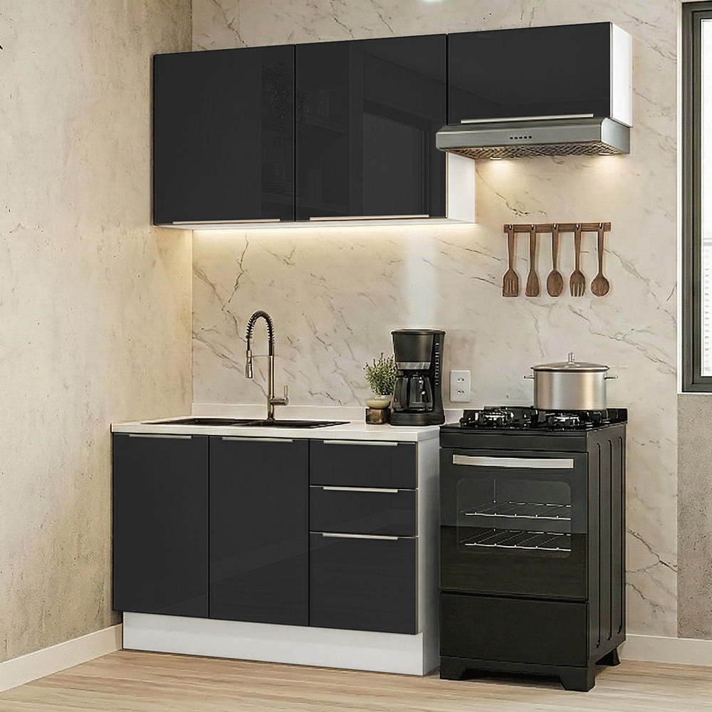 Cocina Compacta 180 x 60 cm Blanco/Negro Lux Madesa 03