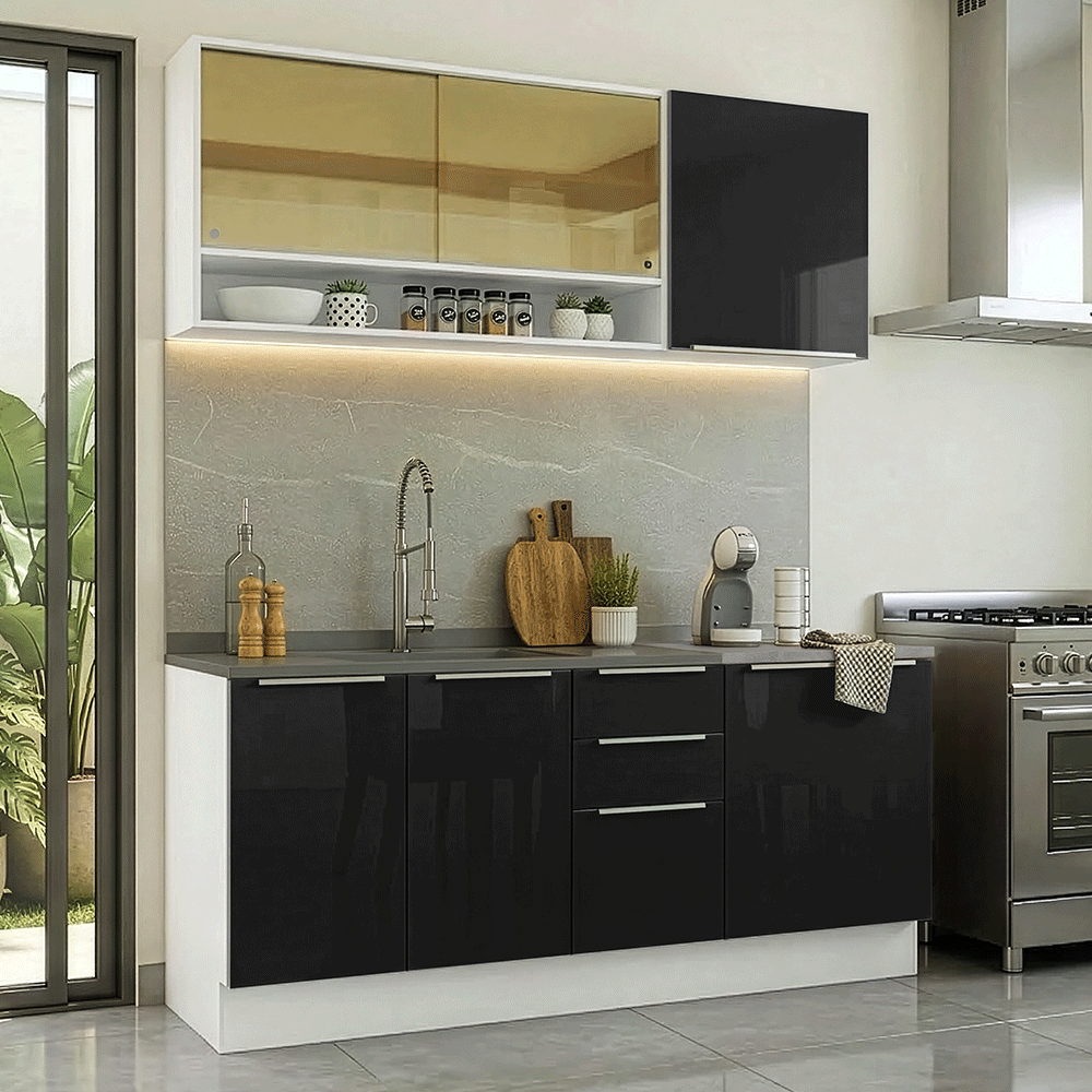 Cocina Compacta 180 x 60 cm Blanco/Negro Lux Madesa 05